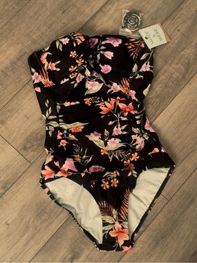 Black Floral One-Piece Swimsuit with Pink & Orange Blooms